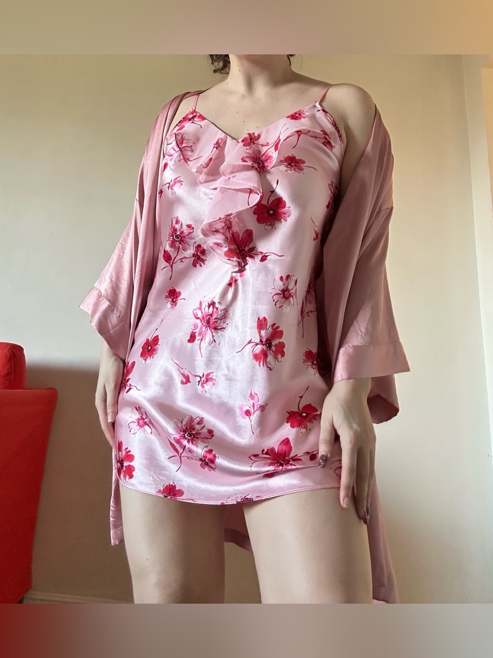Pink floral silky slip dress
